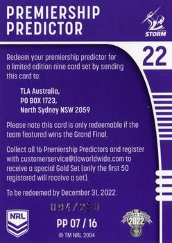 2022 NRL Traders - Premiership Predictor #PP07 Melbourne Storm Back